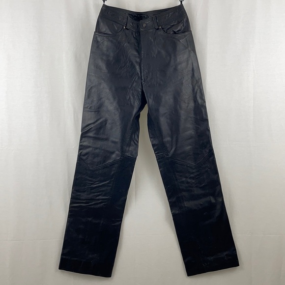Pants - Black Leather Motorcycle Straight Leg Pants